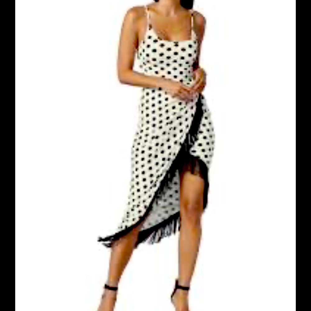 VENUS Faux wrap polka dot Fringe dress black white midi medium women’s